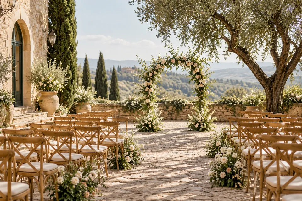 Wooden ceremony chairs arranged in a sunlit courtyard