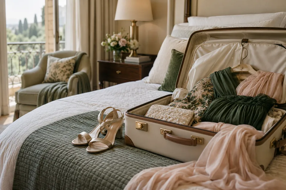 Wedding attire and shoes arranged in an open suitcase in a hotel room
