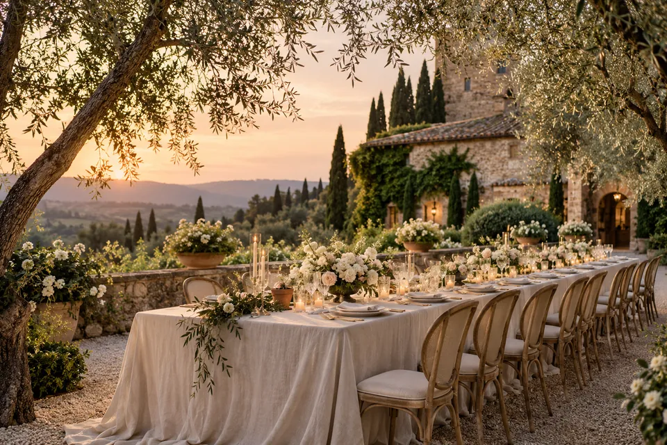 A linen wedding dinner table beneath olive trees beside a stone villa