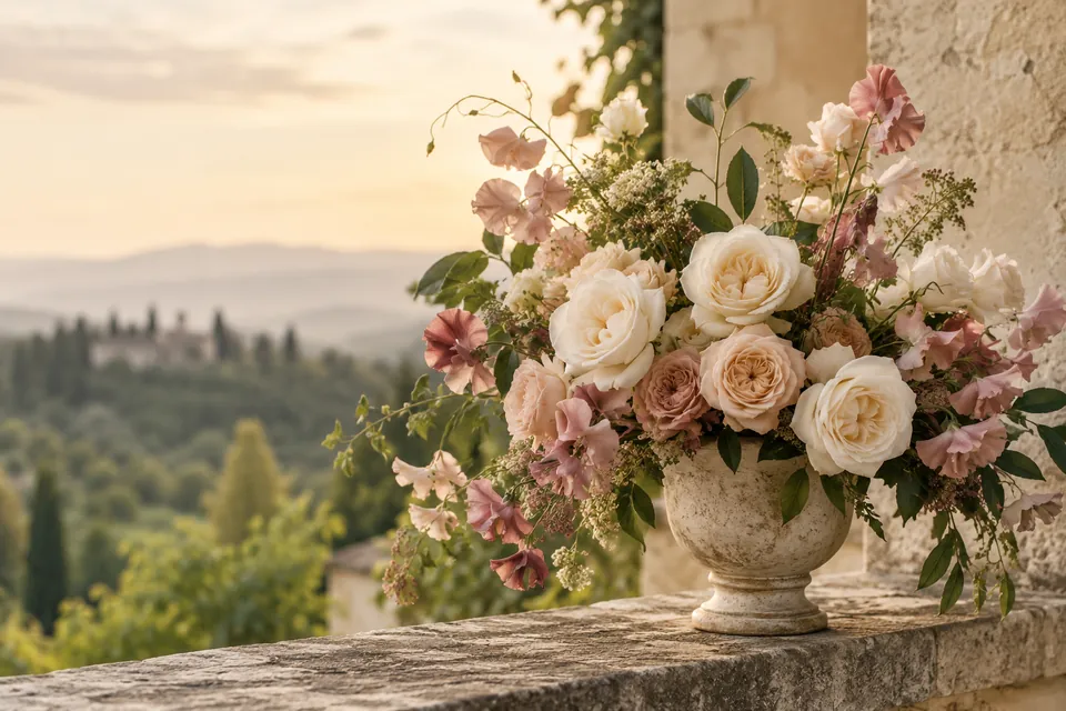 Ivory and dusty rose flowers in a ceramic vase on a stone ledge