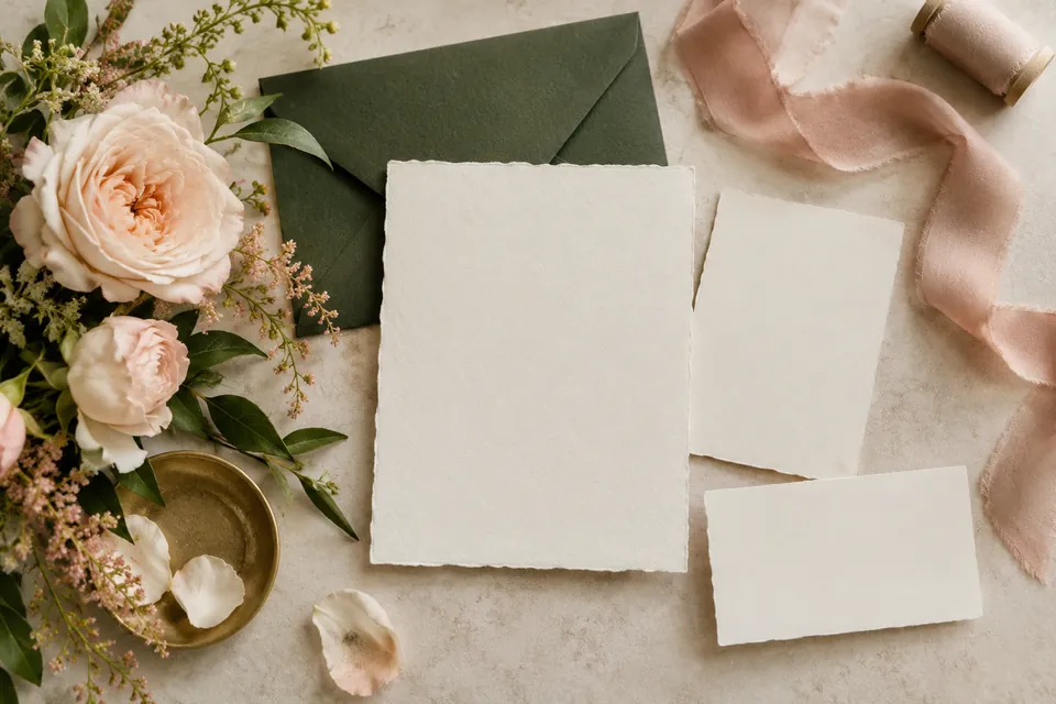 An ivory invitation suite with a green envelope and dusty rose ribbon