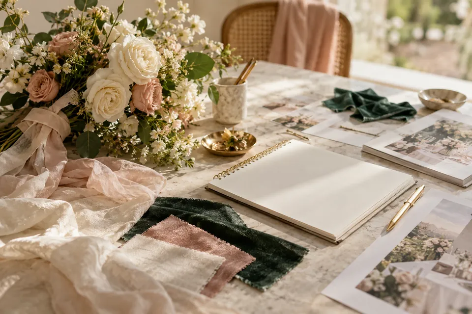 A wedding planning notebook beside fabric swatches and flowers