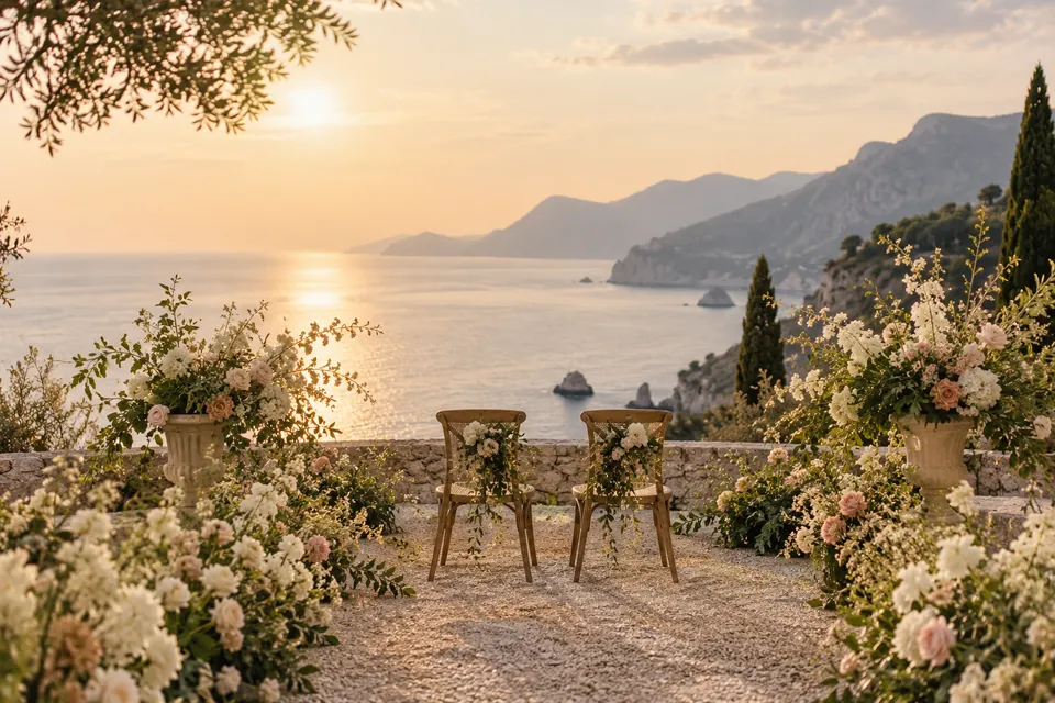 An intimate ceremony setting overlooking the sea at sunset